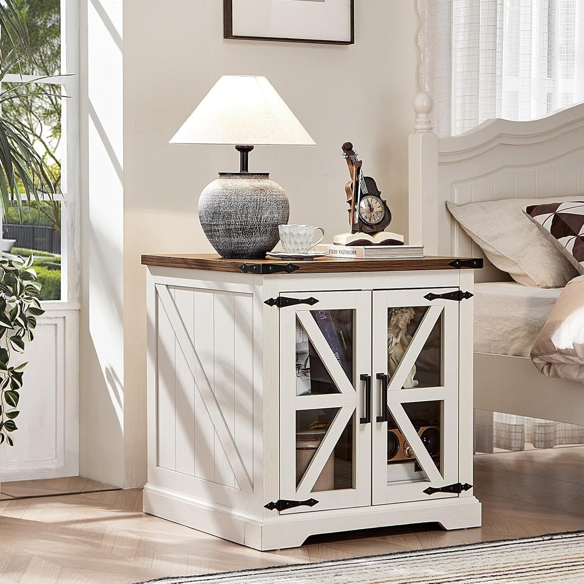 24" End Table Set of 2 with Charging Station, Farmhouse Night Stand with Glass Barn Door