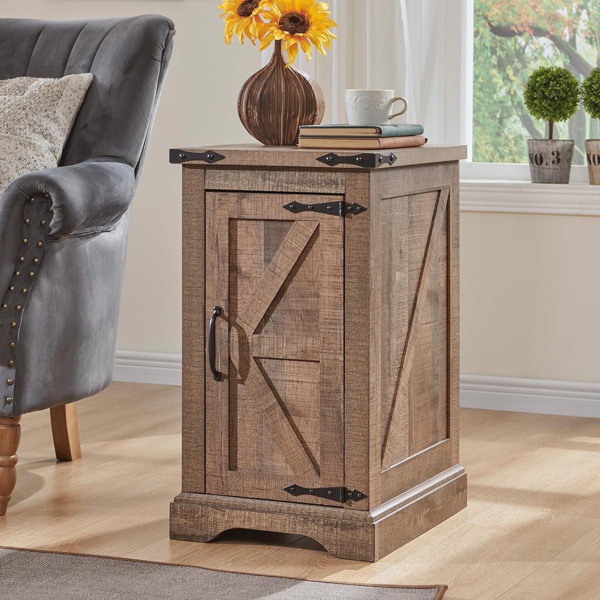 JXQTLINGMU Nightstand with Charging Station, Rectangular Farmhouse End Table with Barn Door and