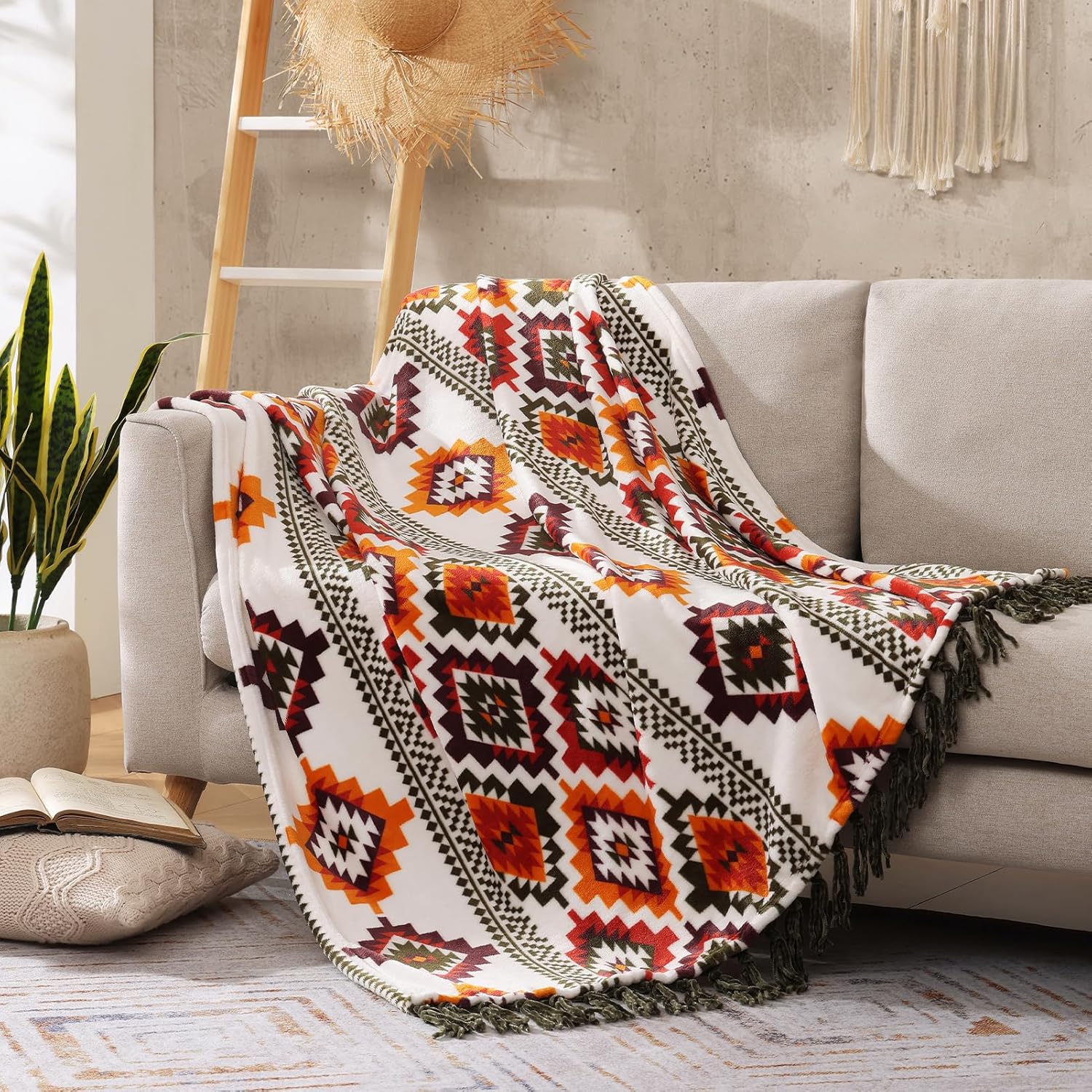 CASAAGUSTO Boho Throw Blanket - Orange and Green Decorative Blankets with Tassel, Printed Flannel