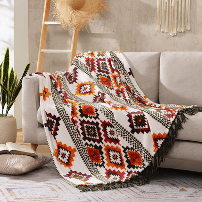 CASAAGUSTO Boho Throw Blanket - Orange and Green Decorative Blankets with Tassel, Printed Flannel