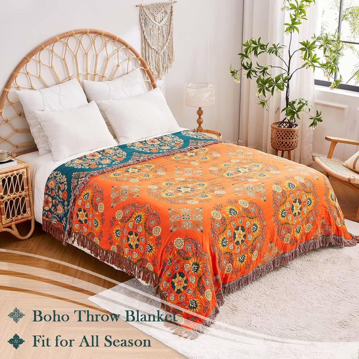 Boho Throw Blanket, 100% Cotton Ultra Soft Luxury Throw Rustic Quilt, 90"x98" Floral Printed