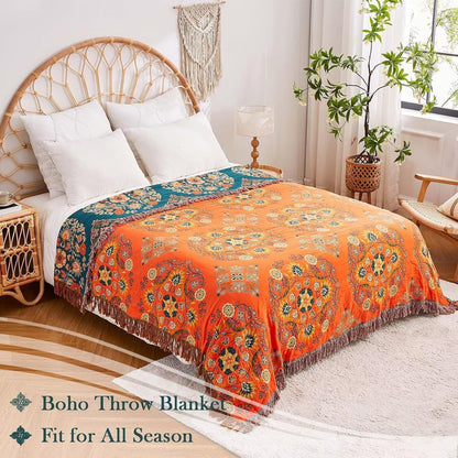 Boho Throw Blanket, 100% Cotton Ultra Soft Luxury Throw Rustic Quilt, 90"x98" Floral Printed