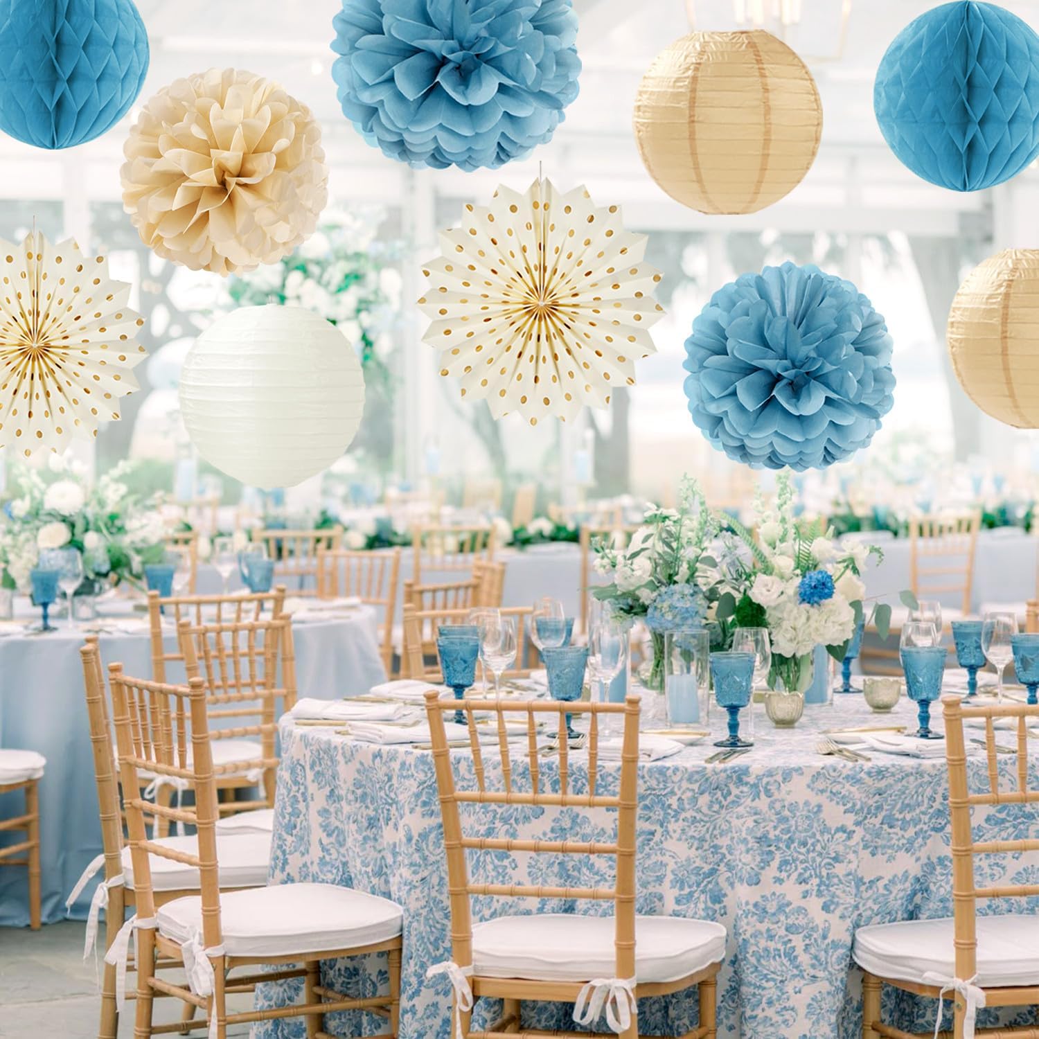 Light-Dusty Blue Beige-Champagne Boho Party-Decorations - 14Pcs Baby Bridal Shower Streamers