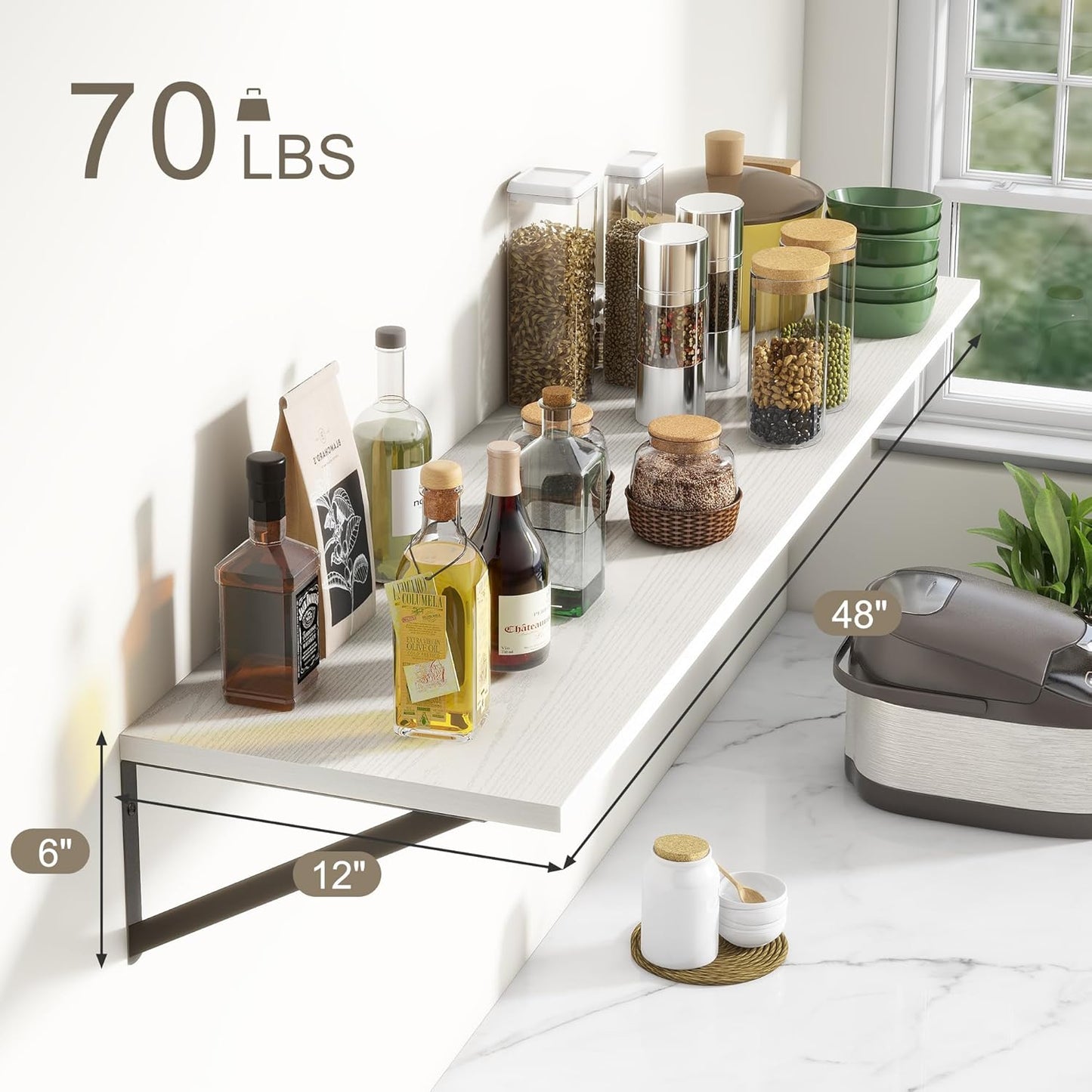 12 Inch Deep Floating Shelves, White Floating Shelves 48W x 12D, Deep Wall Shelves Bracket Set of