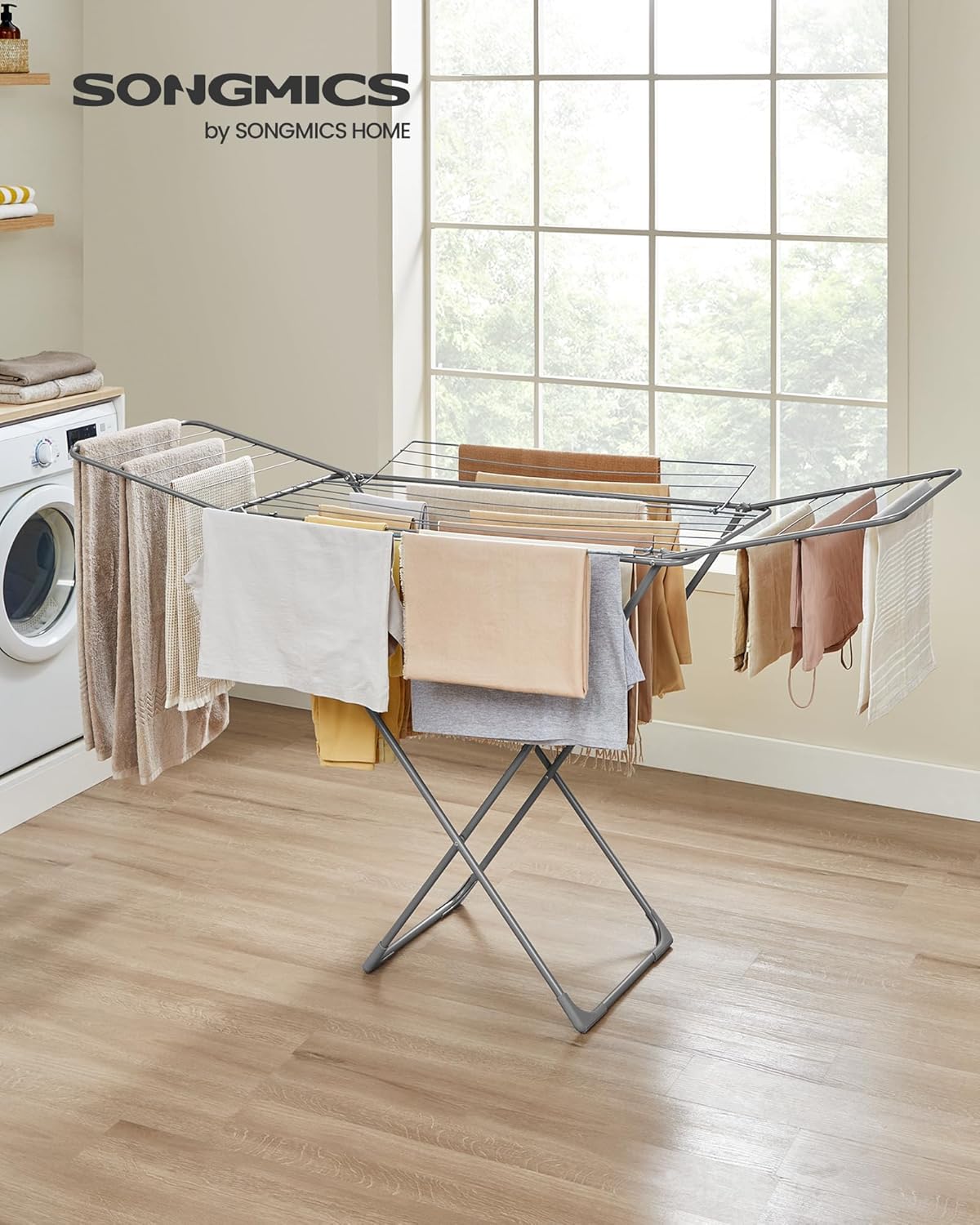 SONGMICS Clothes Drying Rack, Metal Laundry Drying Rack, Foldable, Space-Saving, Free-Standing