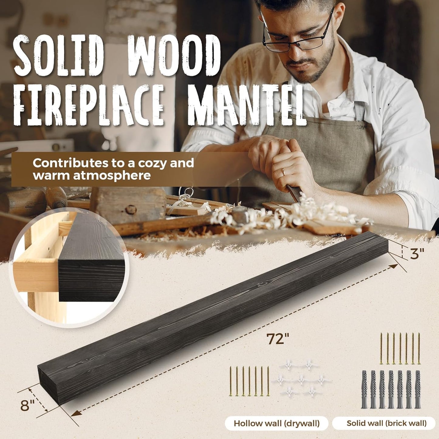 72x8x3 Fireplace Mantel - Handcrafted Hollow Rustic Solid Wood Wall Mounted Floating Shelf with