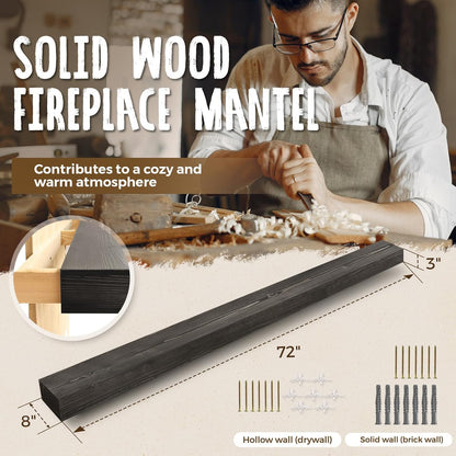 72x8x3 Fireplace Mantel - Handcrafted Hollow Rustic Solid Wood Wall Mounted Floating Shelf with