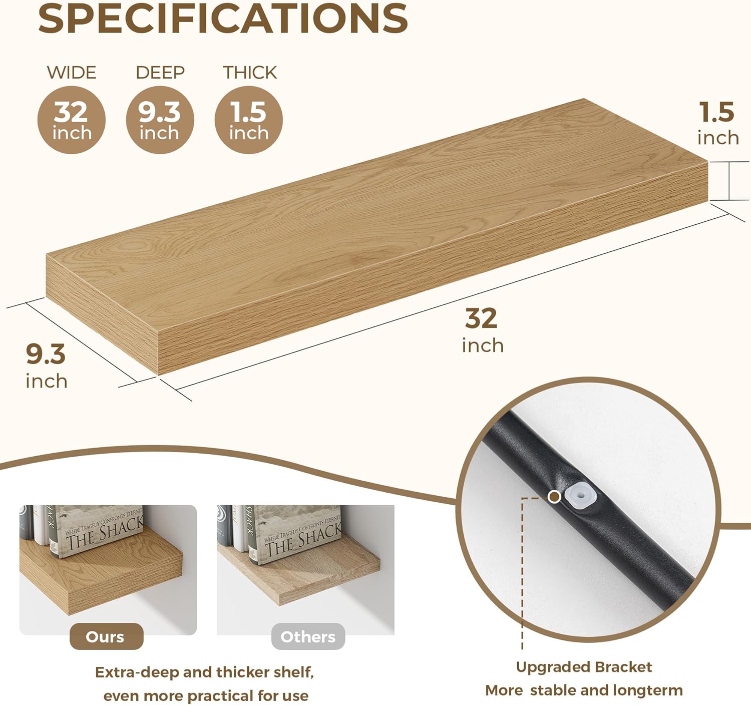Dreamland 32 Inches Floating Shelves for Wall, 9.3" Deep Long Floating Shelves Set of 2, Large