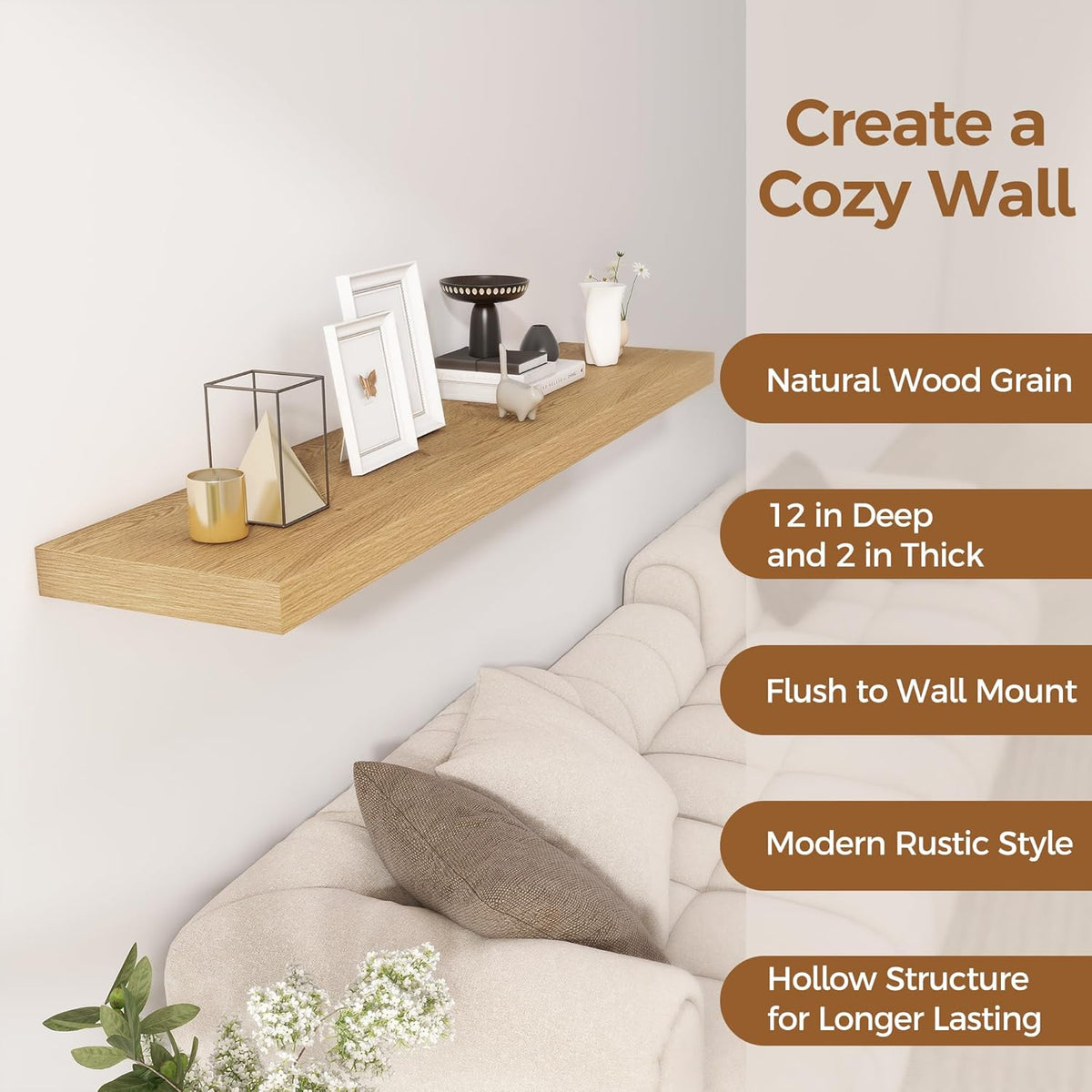 Fun Memories 55 Inch Floating Shelves, 12 Inch Deep Floating Shelf for Wall, 55 x 12 Large Floating