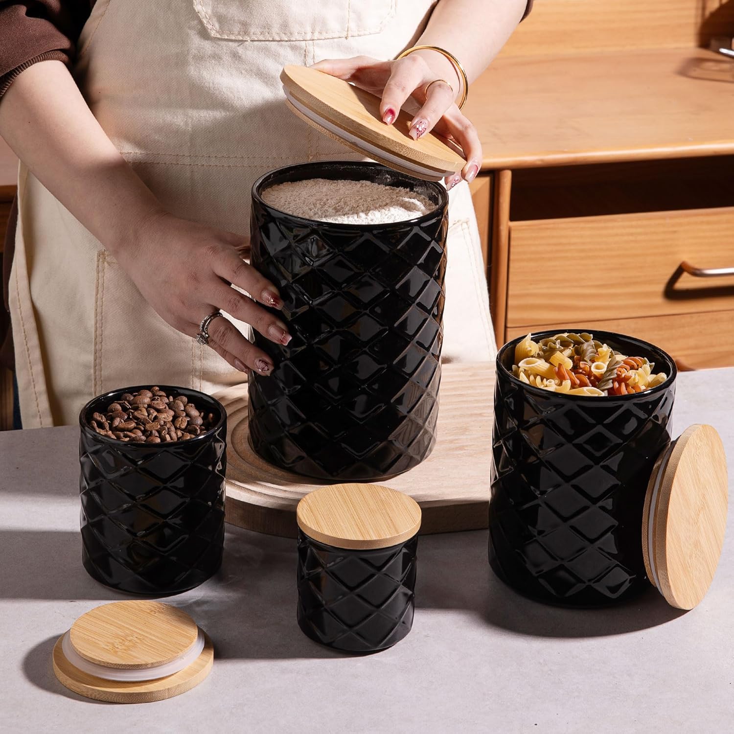 Sweejar Ceramic Canisters Sets for Kitchen Countertop, Relief Food Storage Jar with Bamboo Lid