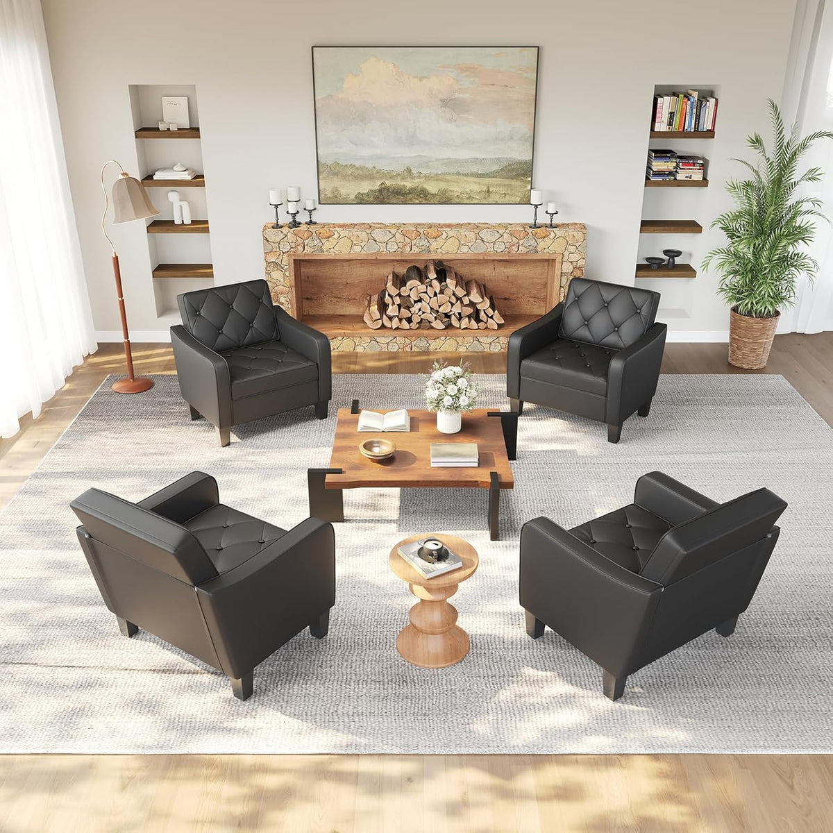 STHOUYN Living Room Chairs Black Leather Accent Chairs Set of 2, Waiting Room Arm Chairs, Reading