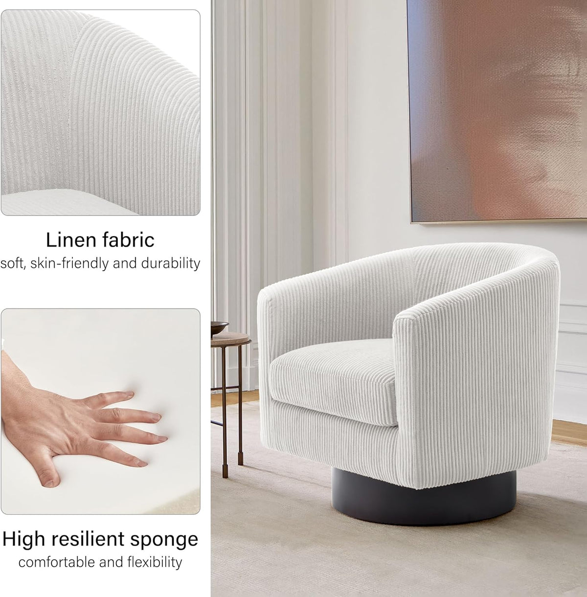 Swivel Barrel Accent Chair, Modern Round Corduroy Fabric Arm Chair for Living Room, Bedroom, Comfy