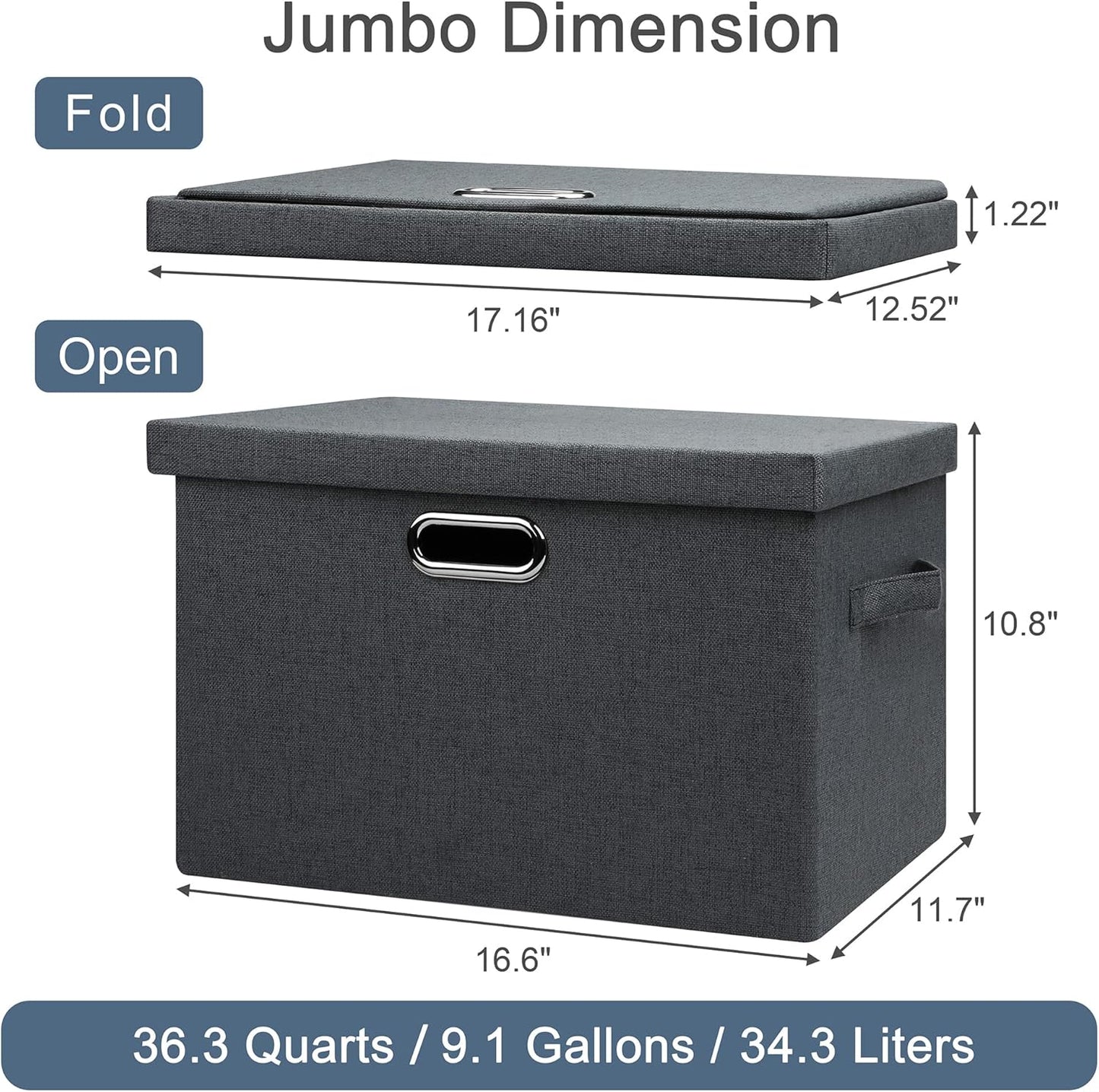 Large 17" 36 Quart Collapsible Stackable Storage Bins with Lids, 3 Packs Dark Gray Foldable Fabric