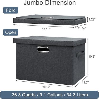 Large 17" 36 Quart Collapsible Stackable Storage Bins with Lids, 3 Packs Dark Gray Foldable Fabric