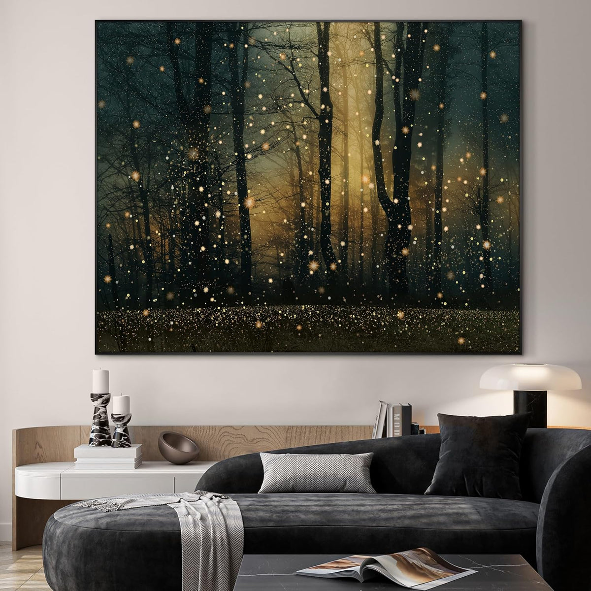 SIGNWIN 36"x46" Extra Large Framed Wall Art Magical Firefly Forest at Twilight, Enchanted Nature
