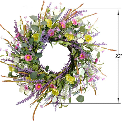 Idyllic 20 Inch Spring Summer Wild Flower Artificial Daisy Front Door Wreath, Everyday Greenery