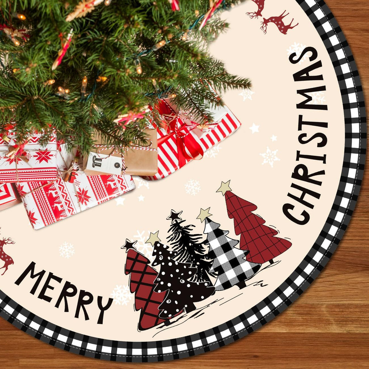Christmas Tree Skirt 48 Inches Black White Buffalo Plaid Xmas Tree Skirt with Snowflake Merry