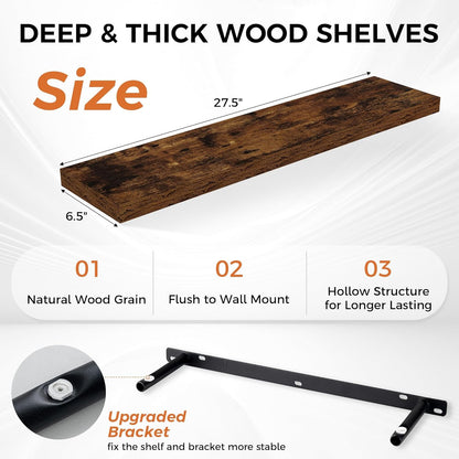 Fun Memories Floating Shelves for Wall, 27.5" Rustic Wood Deep Wall Mounted Shelves with Invisible