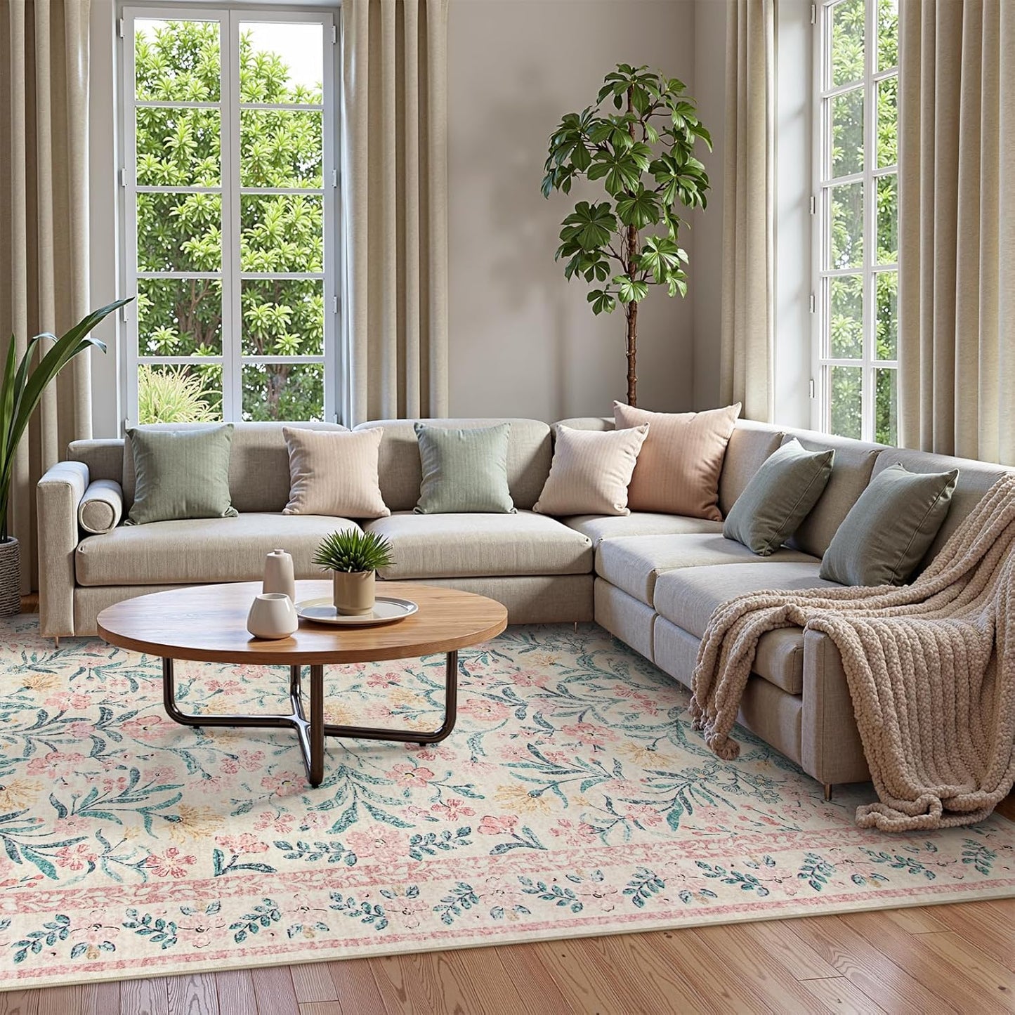 Wonnitar Machine Washable 10x14 Area Rugs, Large Living Room Rug Floral Pink and White Carpet, Boho