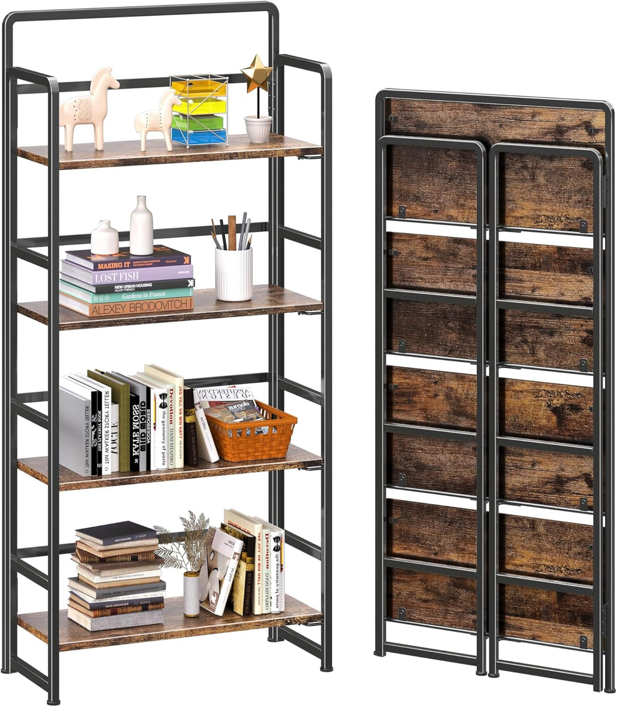 4NM No Assembly Foldable Bookshelf, 4-Shelf Collapsible Bookcase Storage for Small Spaces, 54" H