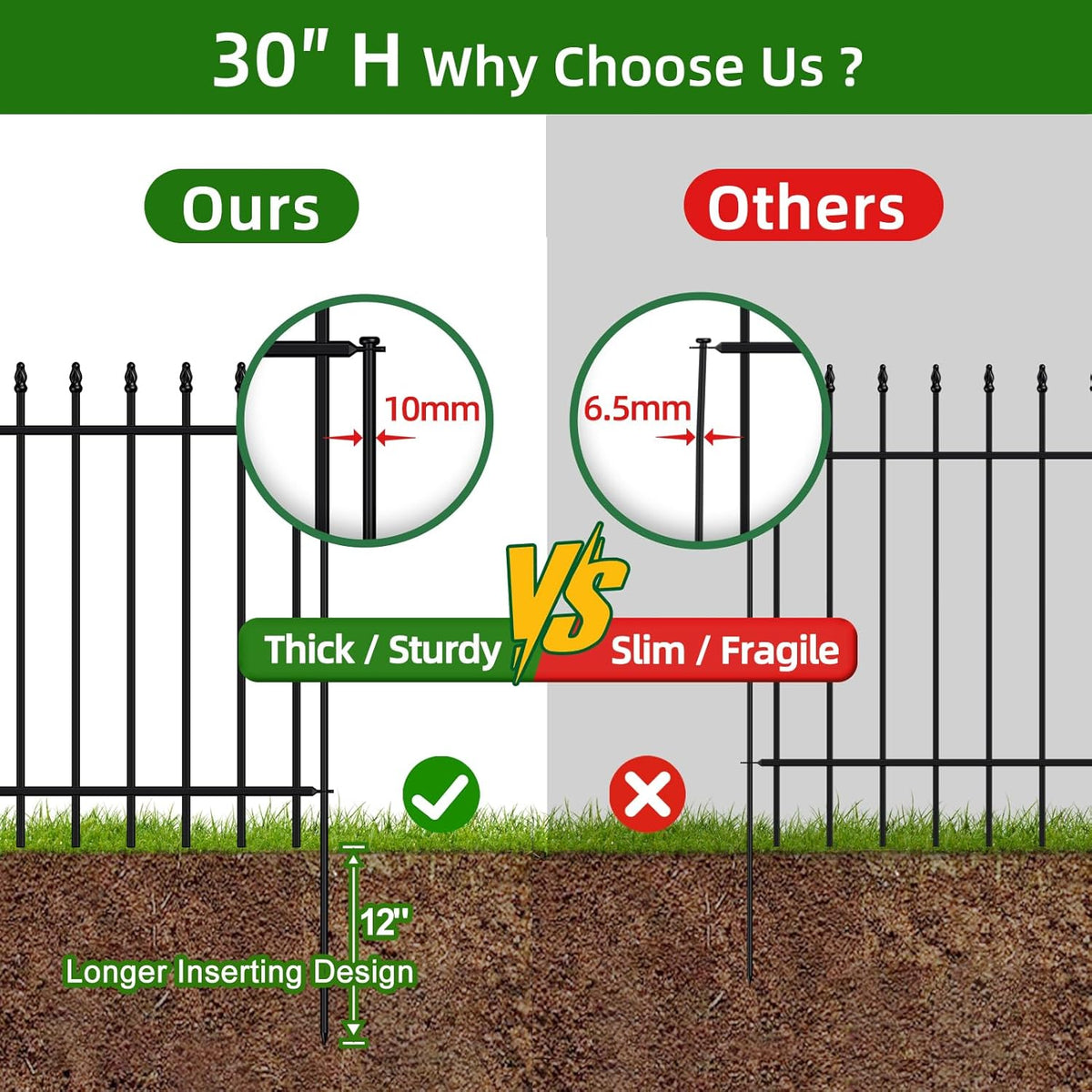 Metal Garden Fence 30 in H x 10 ft L,Border Fence Panels Animal Barrier for Dogs, No Dig Garden