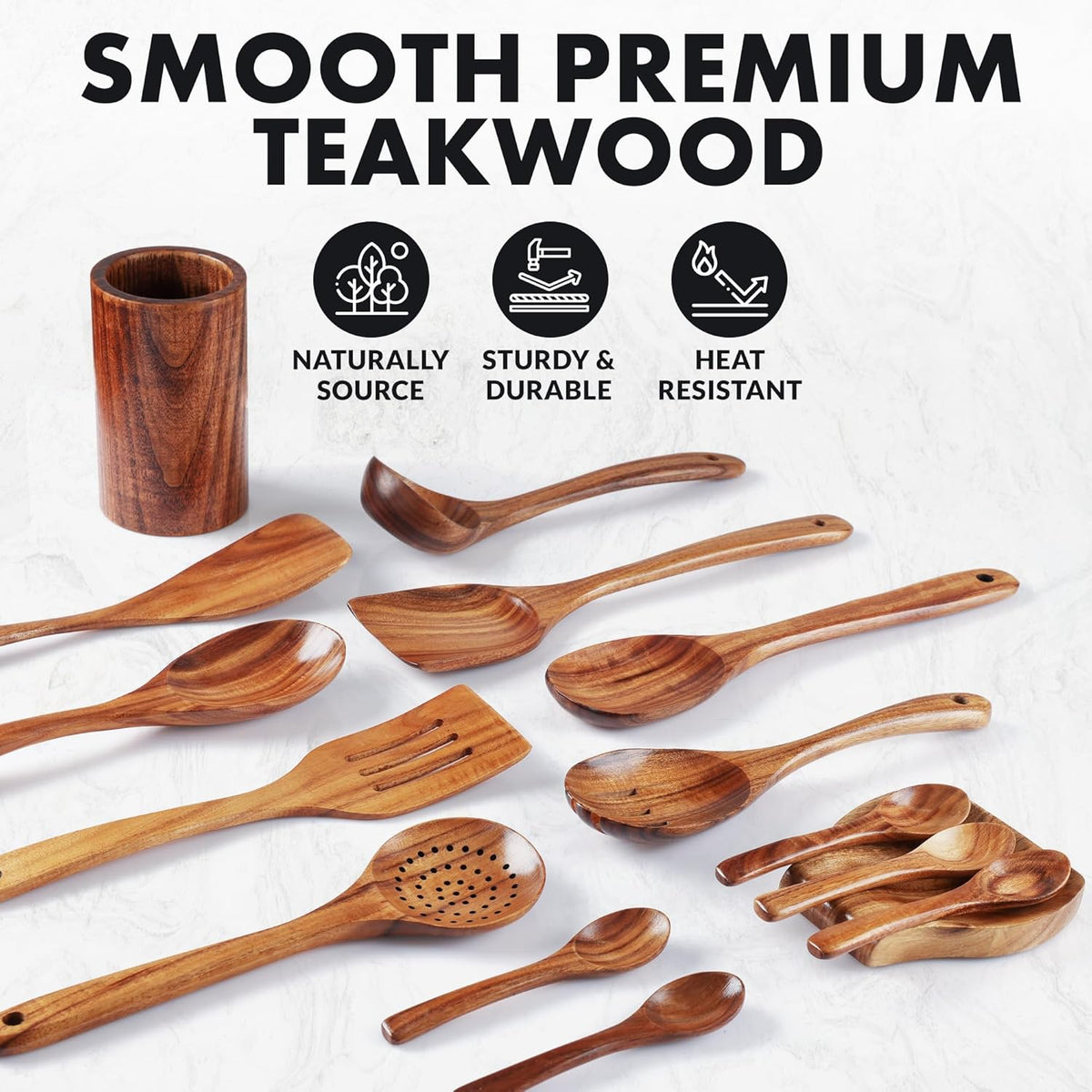 Zulay Kitchen 15-Piece Teak Wooden Utensils for Cooking - Natural Teak Utensil Set with Premium