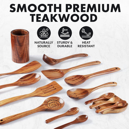 Zulay Kitchen 15-Piece Teak Wooden Utensils for Cooking - Natural Teak Utensil Set with Premium