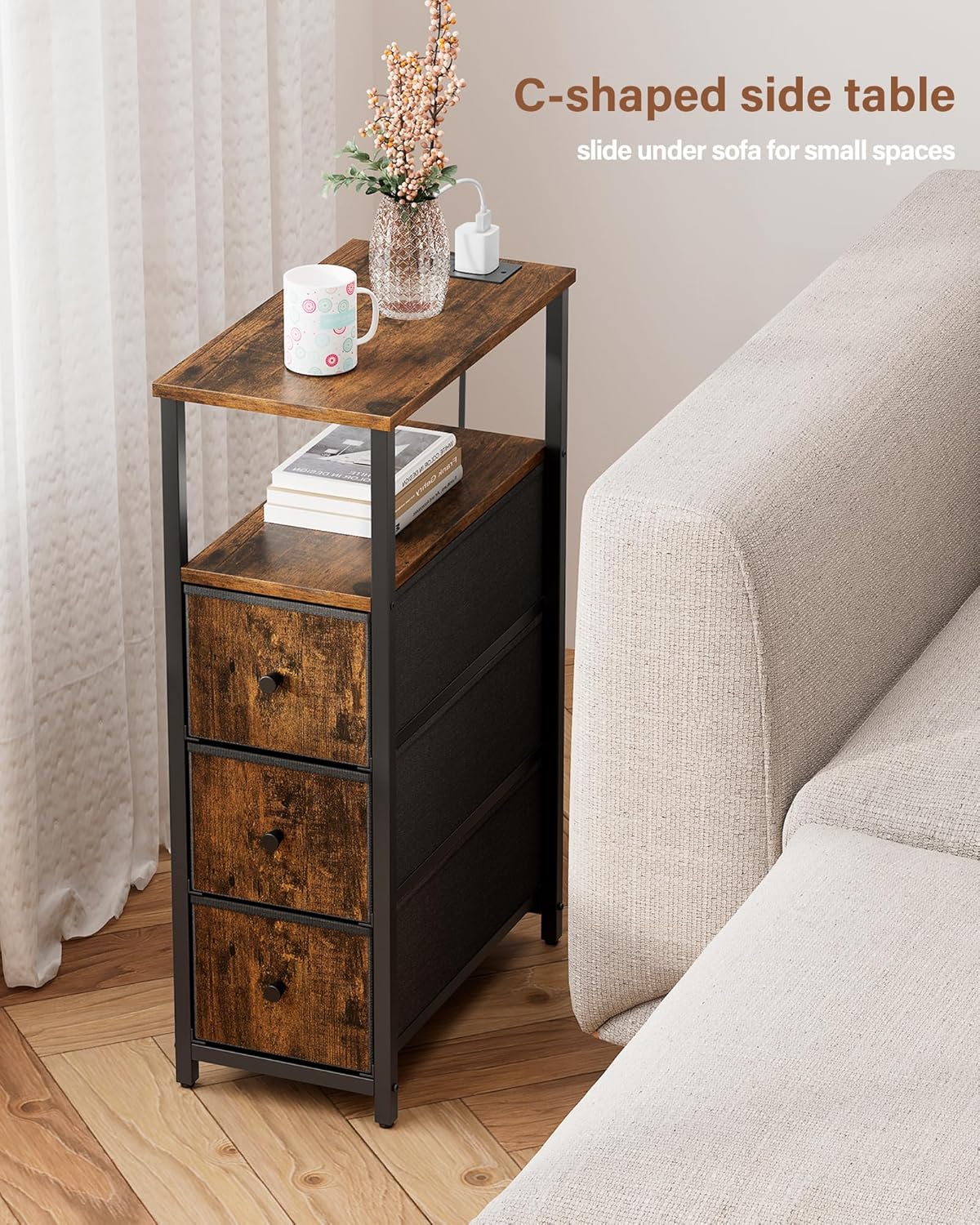 TUTOTAK Narrow Night Stand with Charging Station, Slim End Table with Plugins, Tall Side Table with
