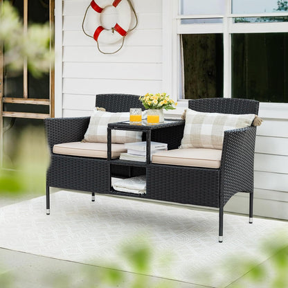 Flamaker Outdoor Furniture Patio Loveseat Wicker 2-Seat with Built-in Table and Cushions Rattan
