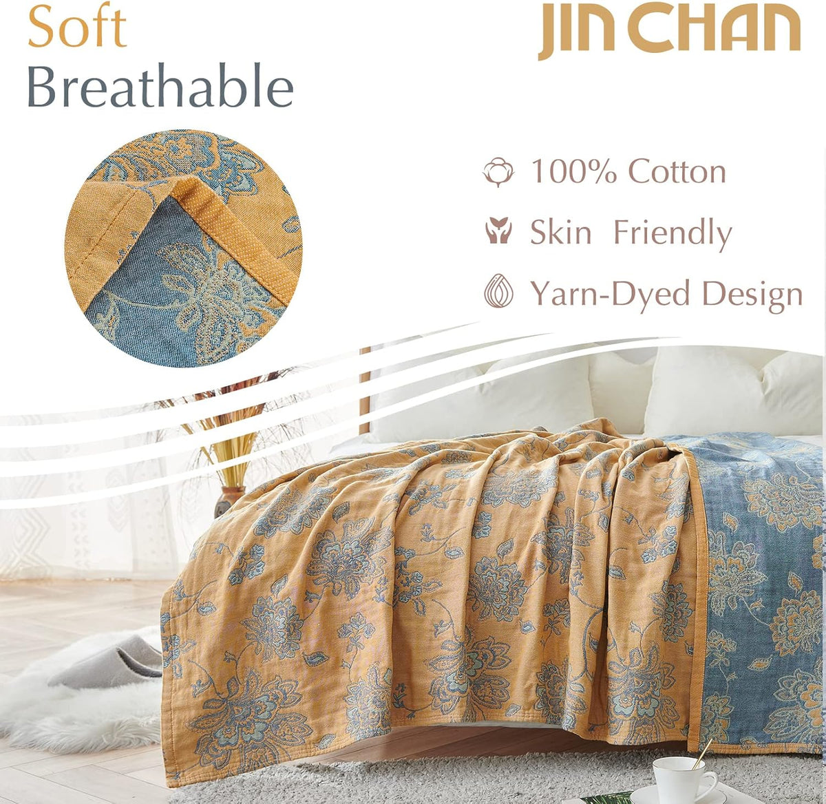 jinchan Boho 100% Cotton Muslin Queen Size 80x90 Inches Blanket Lightweight 4-Layer Quilted Soft