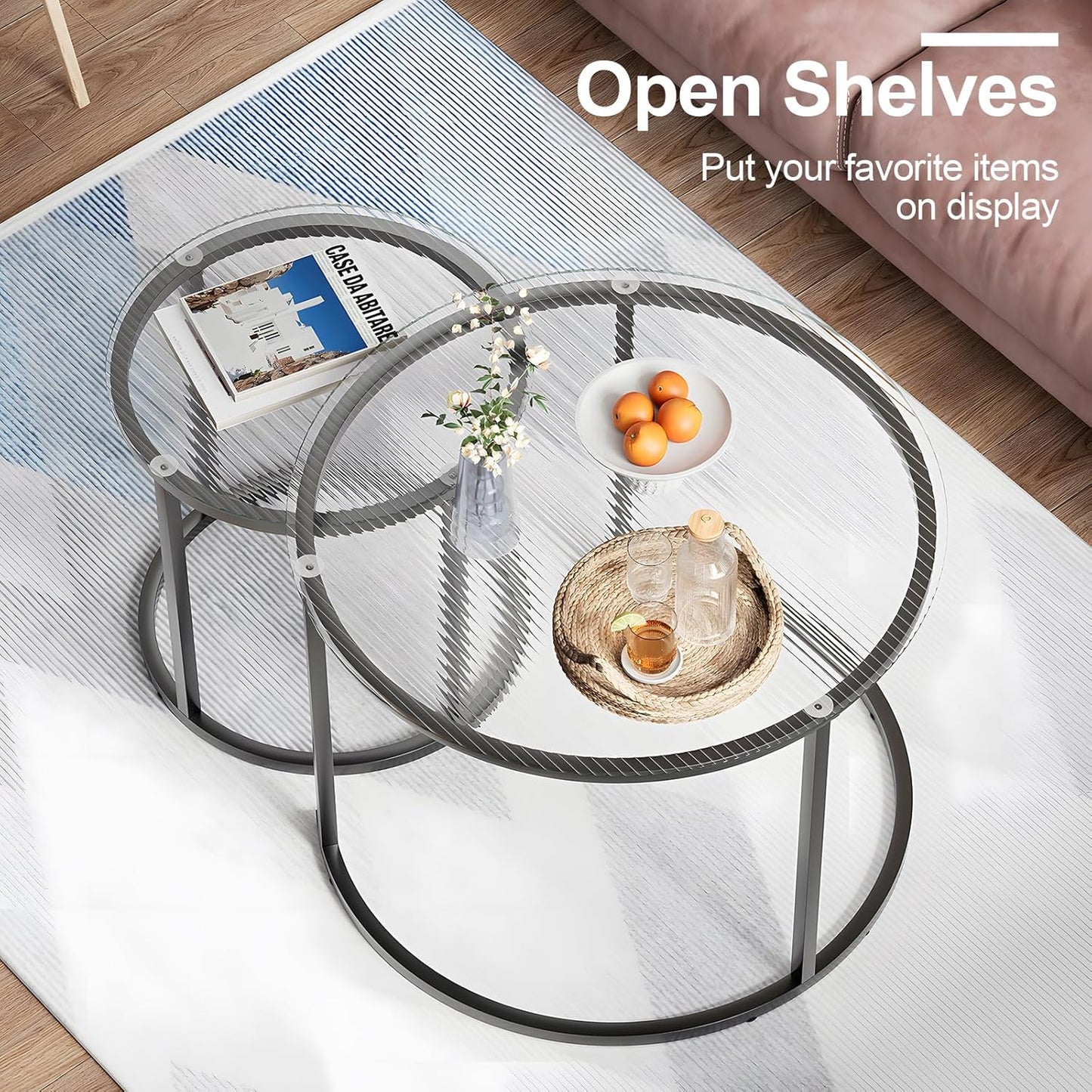 aboxoo Gold Nesting Coffee Table Set of 2, Small Glass Round Nesting Tables for Living Room