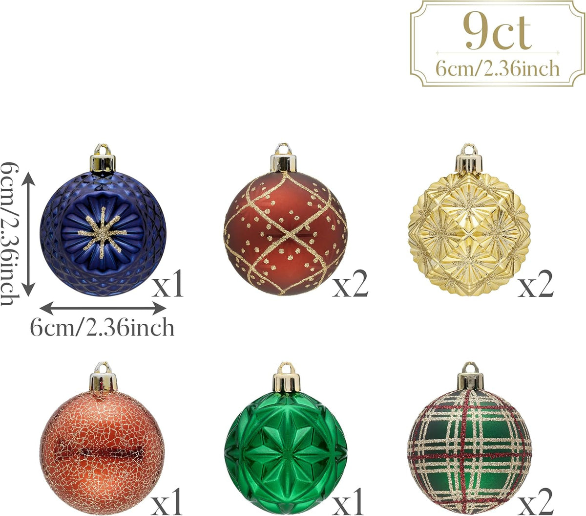 Valery Madelyn Ornaments for Christmas Trees, 9ct 2.36 Inches Red Green and Gold Shatterproof