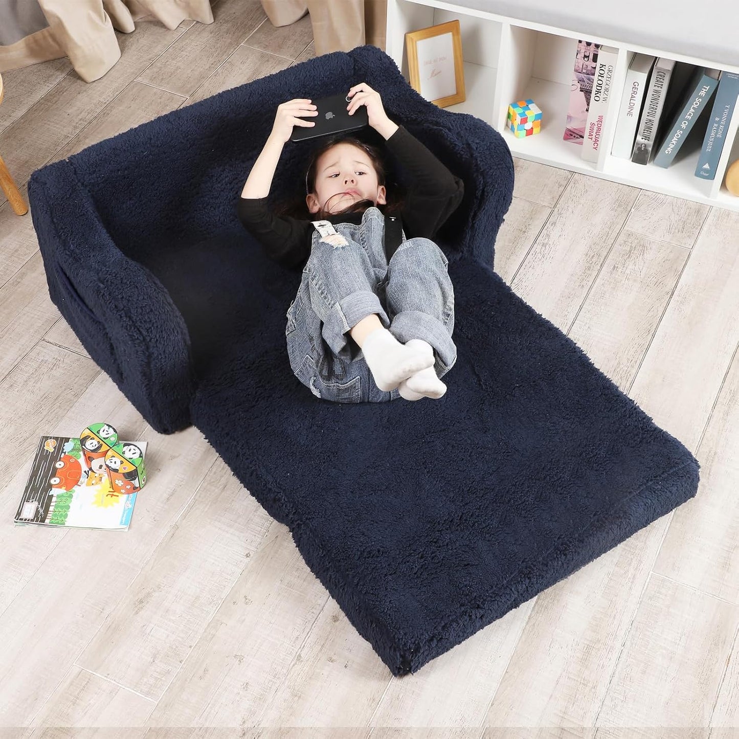 Kids Extra Wide Chairs for Toddler, 2-in-1 Toddler Soft Sherpa Couch Fold Out, Convertible Sofa to
