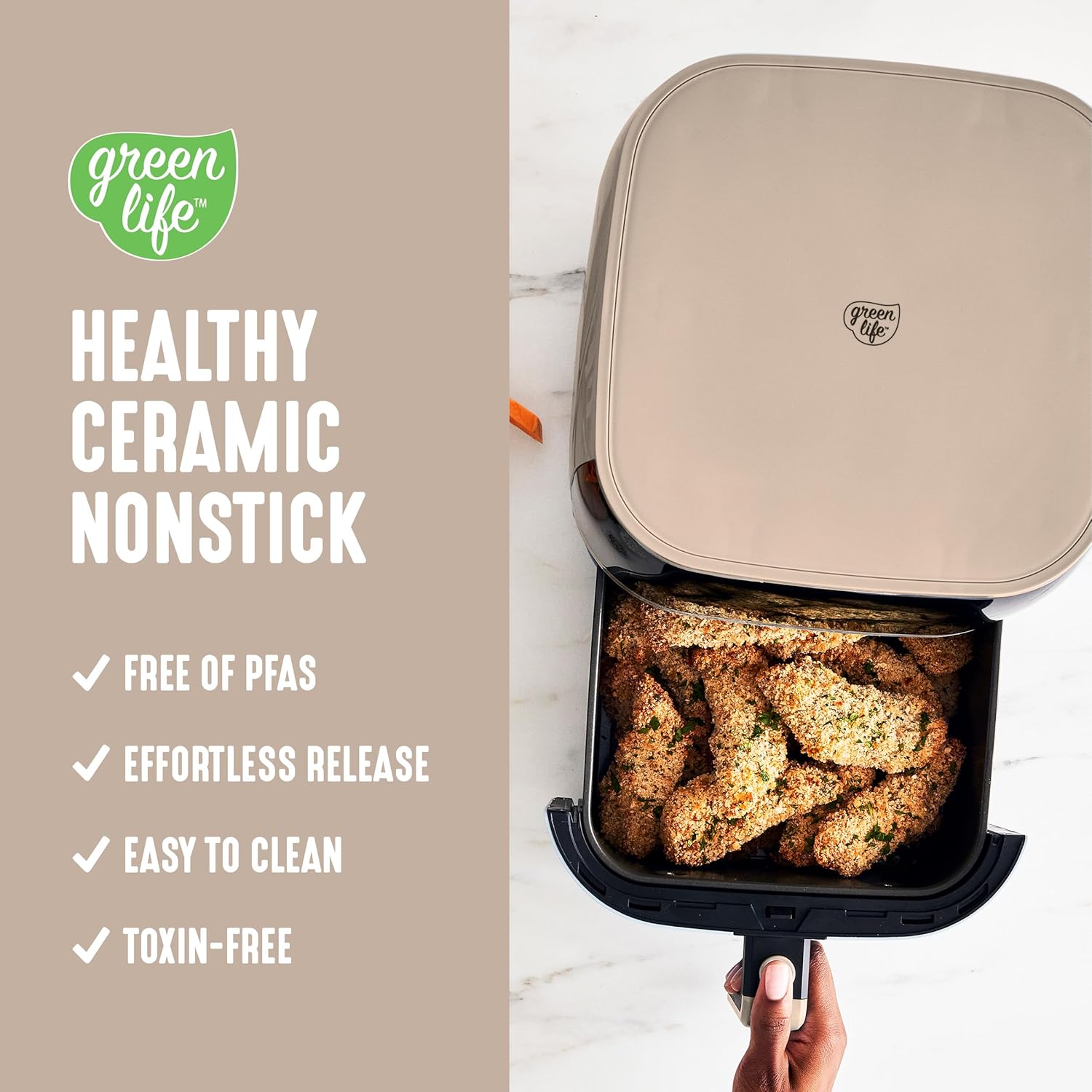 GreenLife Compact Electric Air Fryer Oven, 5.3 QT, PFAS-Free Ceramic Nonstick Drawer, 8 One Touch