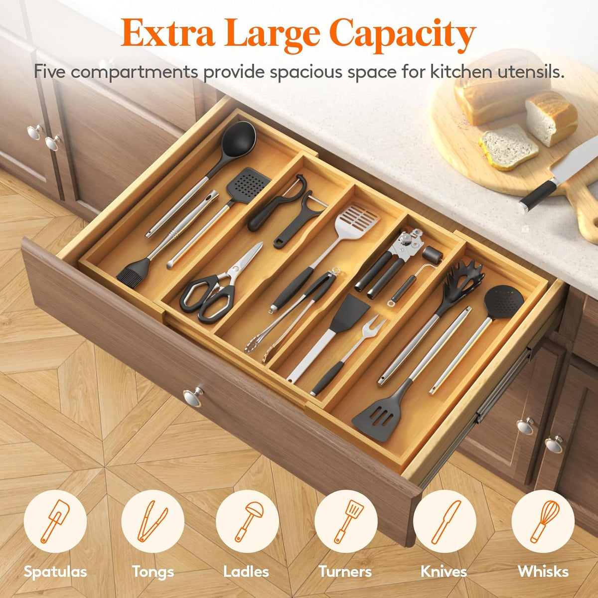 Lifewit Utensil Organizer for Kitchen Drawer, Expandable Cooking Utensil Tray, Bamboo Cutlery