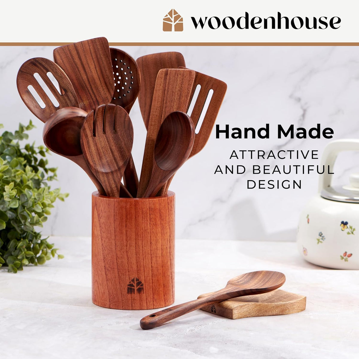 Wooden Spoons for Cooking – Wooden Cooking Utensils Set with Holder, Spoon Rest & Hooks, Teak Wood