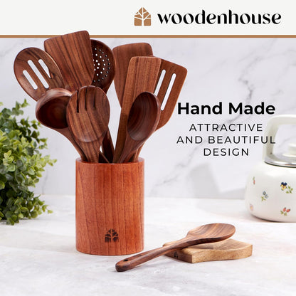 Wooden Spoons for Cooking – Wooden Cooking Utensils Set with Holder, Spoon Rest & Hooks, Teak Wood