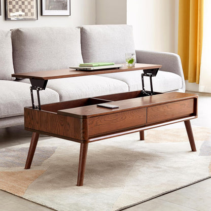 Solid Oak Wood Lift Top Coffee Table for Living Room, Mid Century Modern Tables with Drawers and