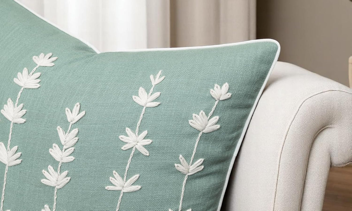 VAGMINE Hand Embroidered Daisy Accent Throw Pillow Cover - 20x20 Inches Square - 100% Cotton Light
