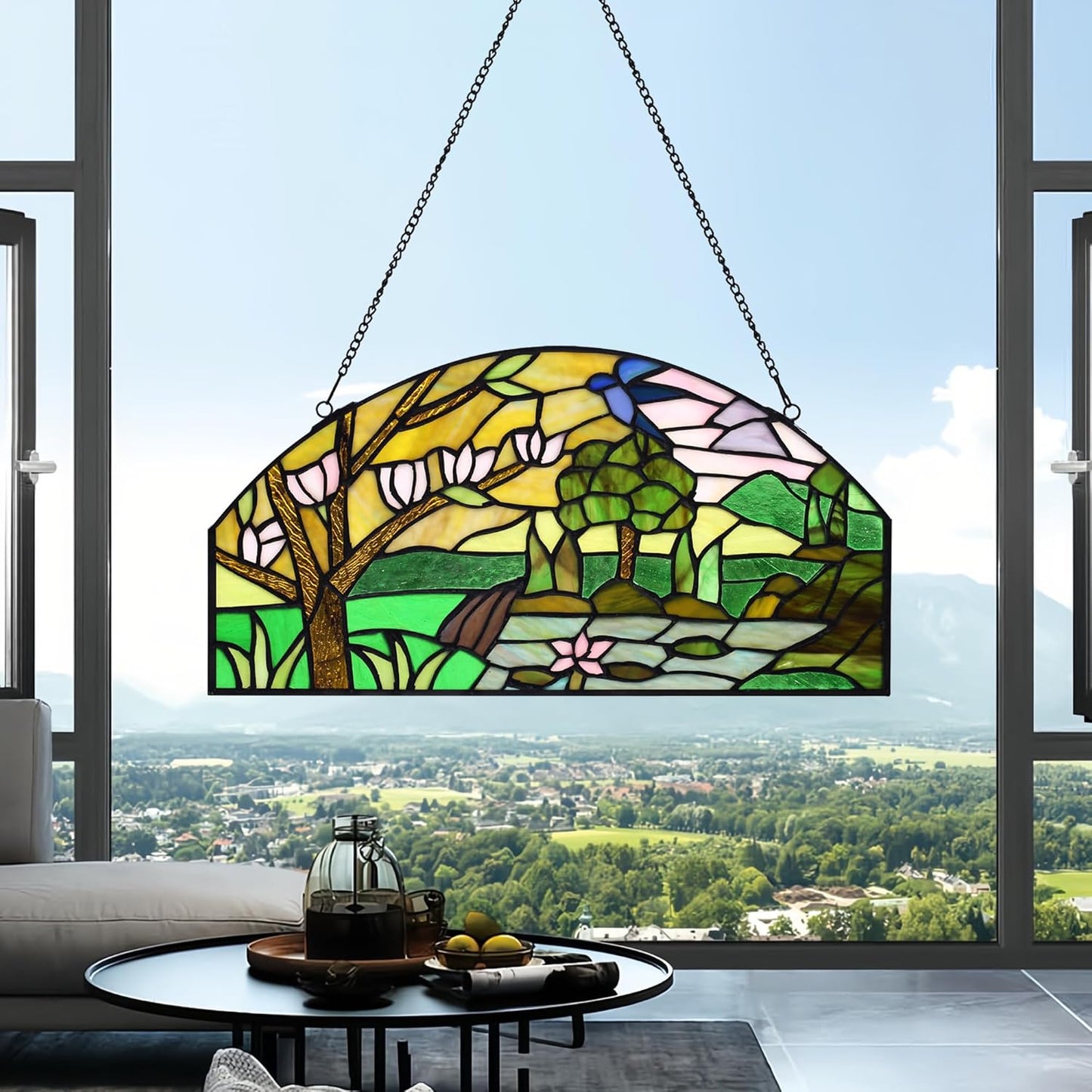 YOURANJU Half Moon Stained Glass Window Hanging Tiffany Style 16" x 8" Half-Round Window Panel