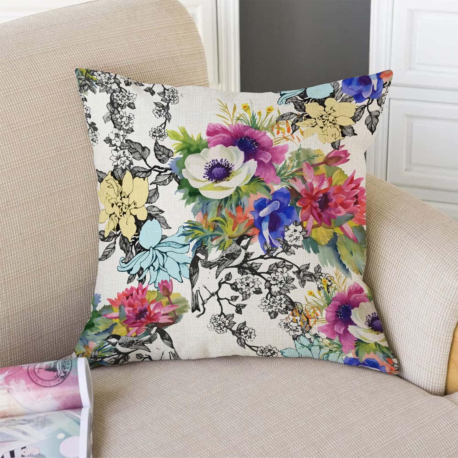 TSSOHU Throw Pillow Cover Vivid Colorful Garden Print Blossoming Wildflowers Birds Leaves Branches