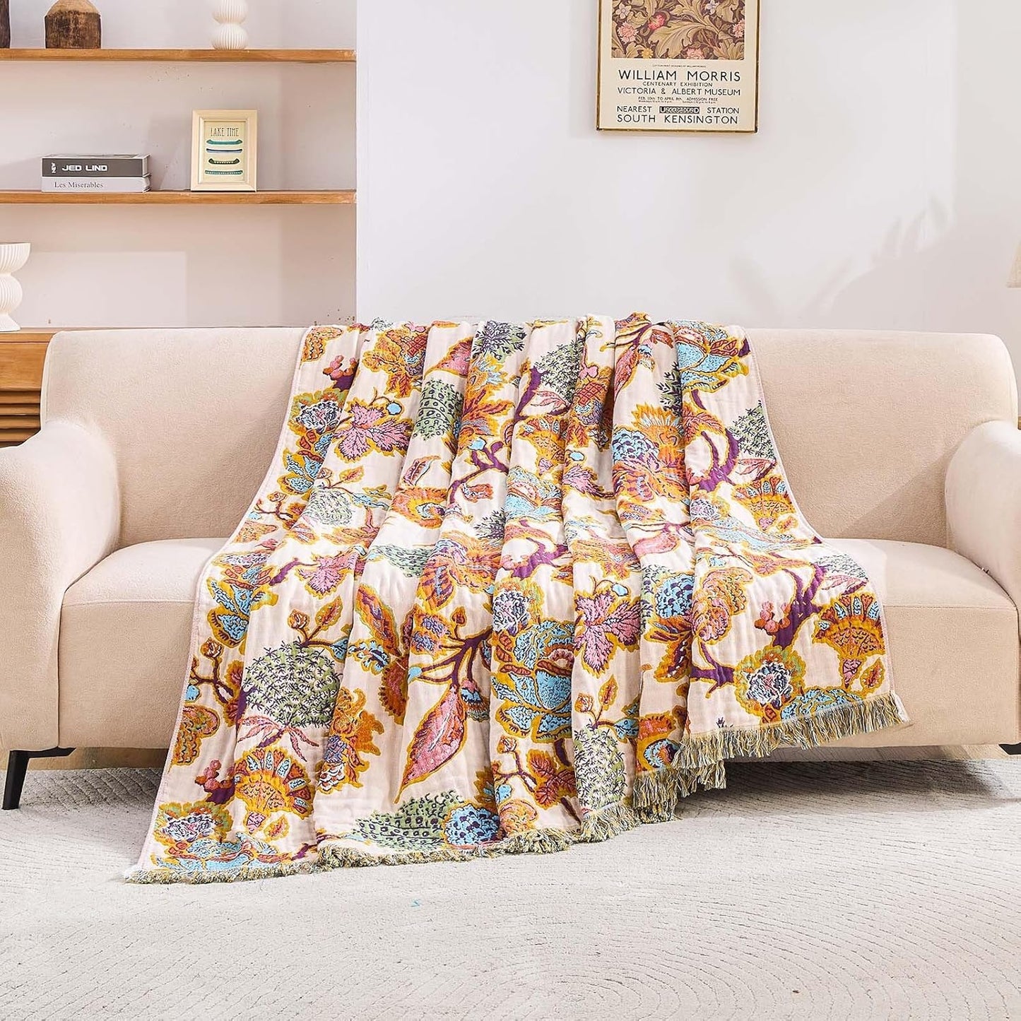 Boho Throw Blanket for Bed, 100% Cotton Soft Rustic Quilt Fall Blanket, 80"x90" Floral Printed