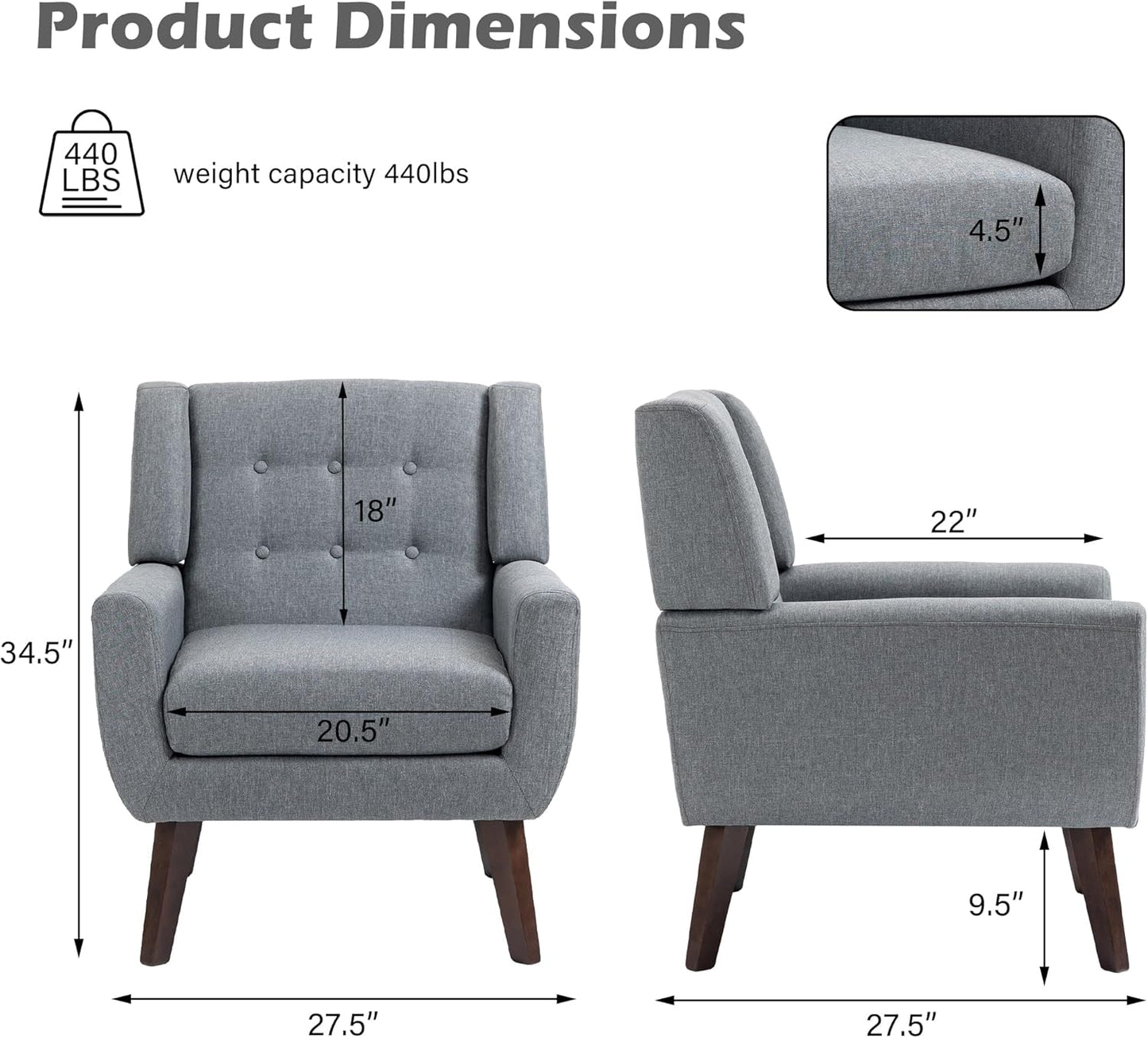 UIXE Accent Chair, Modern Upholstered Armchair in Fabric for Living Room, Comfy Club Arm Chairs