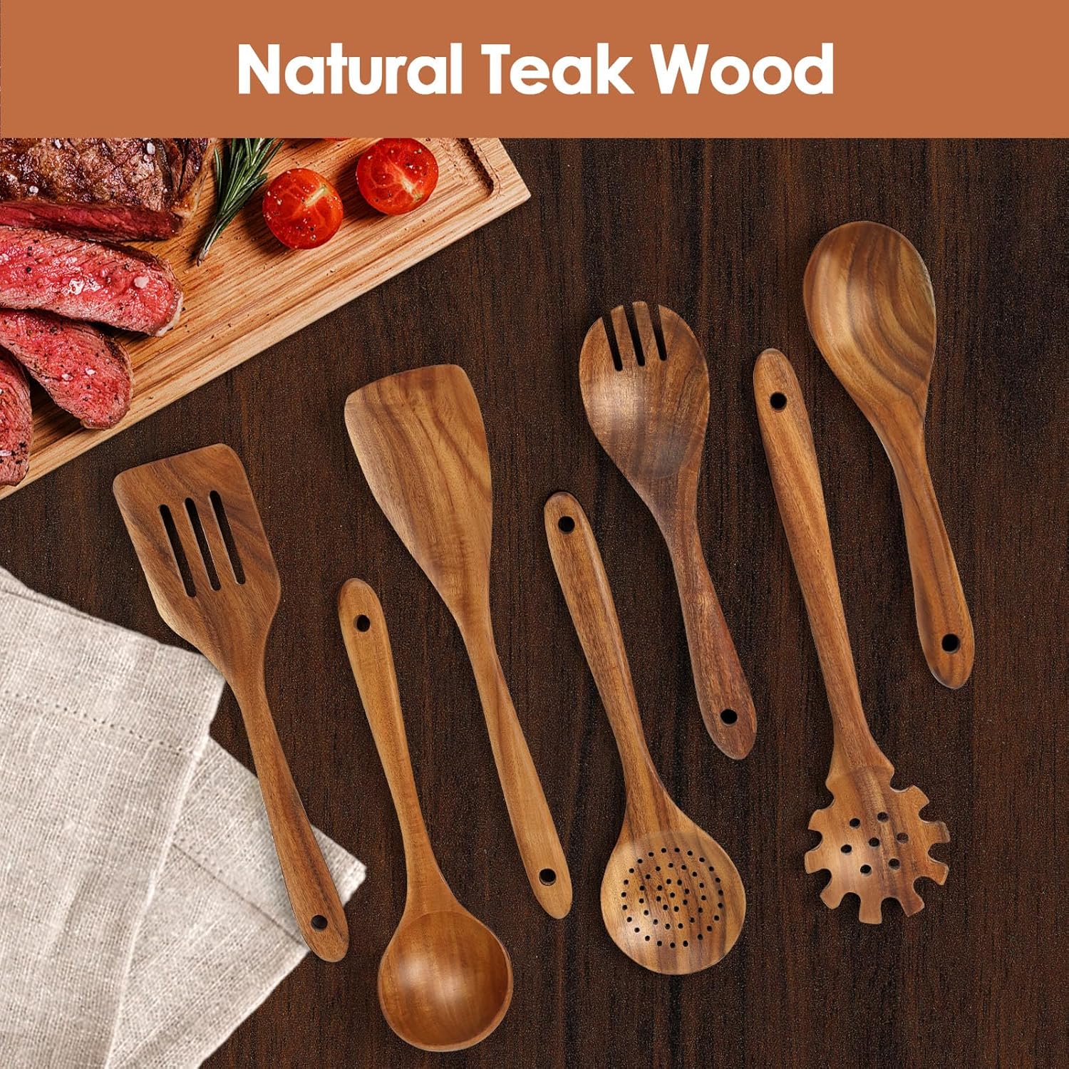 comfoyar Teak Wooden Spoons for Cooking, 7 Pieces Kitchen Cooking Utenails Set with Spatula and
