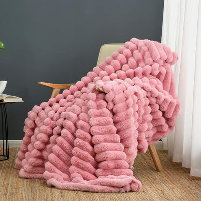 Cozy Bliss Faux Fur Throw Blanket for Couch, Cozy Warm Plush Striped Blanket for Sofa Bedroom