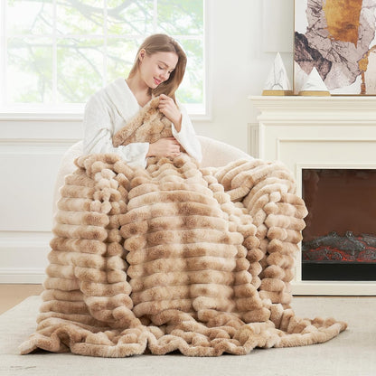 Cozy Bliss Faux Fur Throw Blanket for Couch, Cozy Warm Plush Striped Blanket for Sofa Bedroom