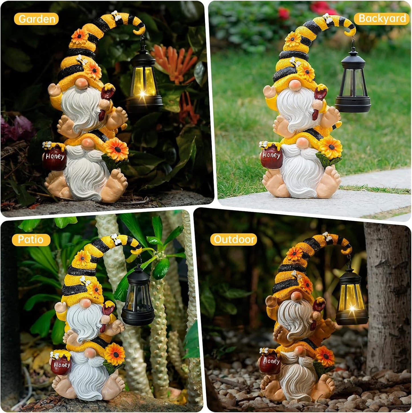 Solar Bee Garden Gnomes with LED Lantern – Waterproof Stacked Outdoor Decor for Yard, Patio