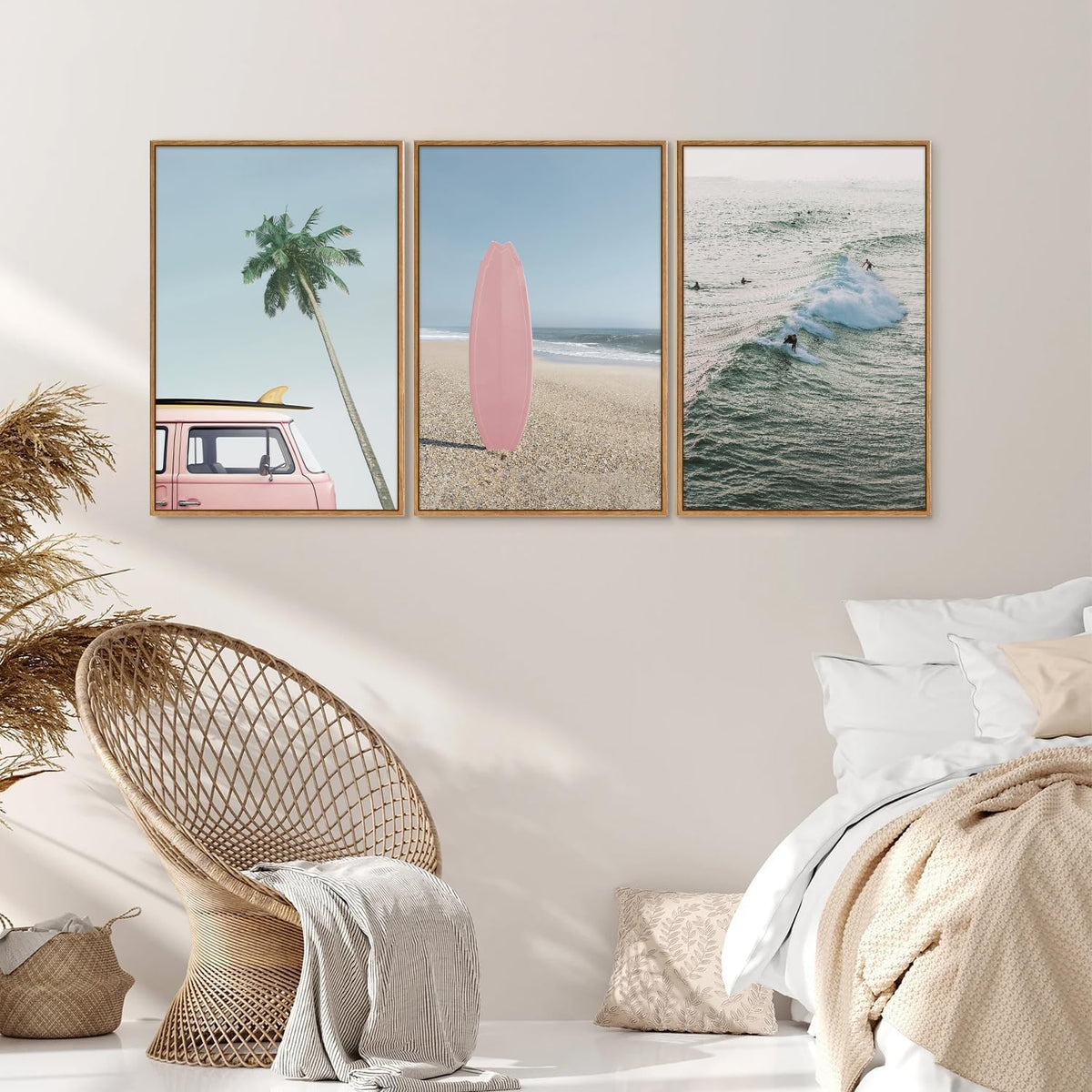 Tinonedraw Large Ocean Beach Framed Canvas Wall Art, Summer Coastal Surfboard Wall Decor, Palm Tree