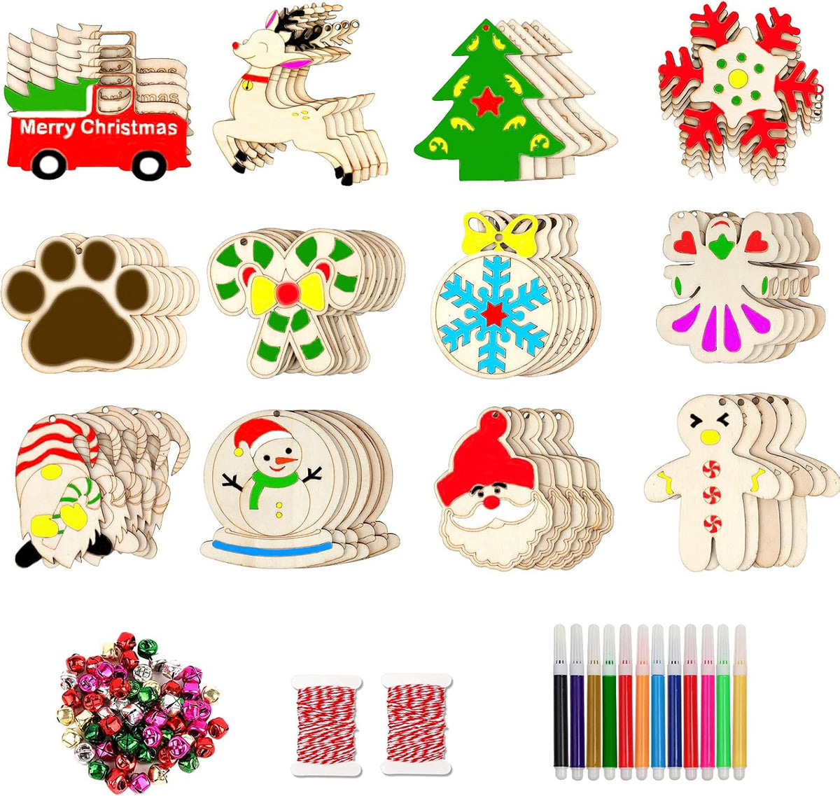 GUDELAK 60PCS DIY Wooden Christmas Ornaments, 12 Styles Christmas Crafts for Kids Adults with