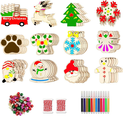 GUDELAK 60PCS DIY Wooden Christmas Ornaments, 12 Styles Christmas Crafts for Kids Adults with
